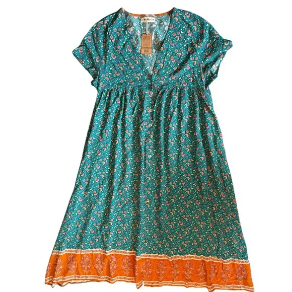 Natural Life Midi Dress NWT Pockets Avery Button Front Jade Floral Boho XL - Picture 2 of 13